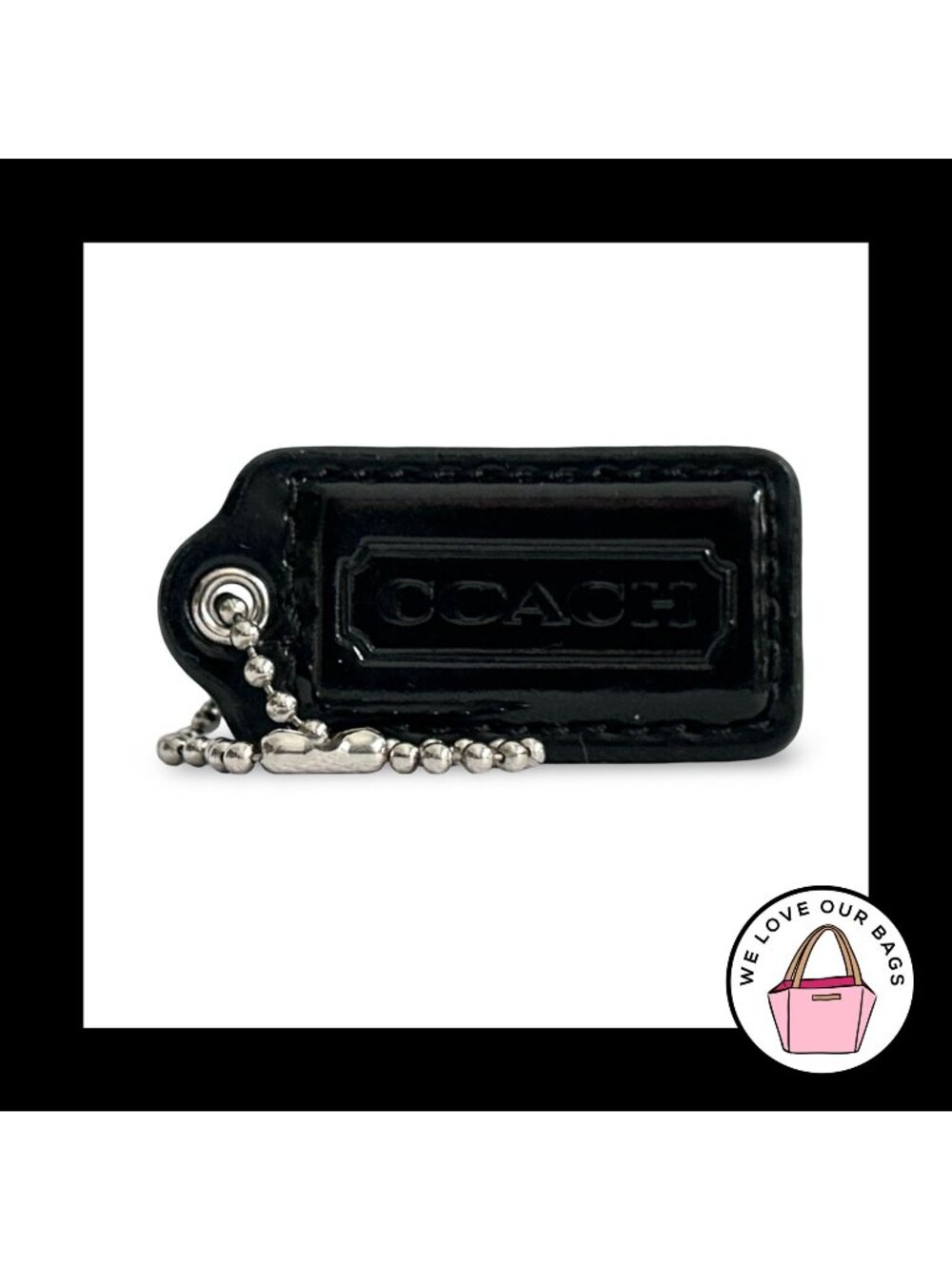 COACH HANG TAG 2" Black Patent Leather Bag Charm Keychain Fob Nickel Medium